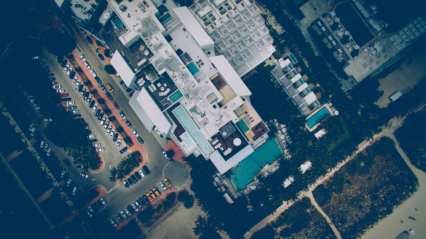 Miami Beach hotel terraces and pools viewed from above
